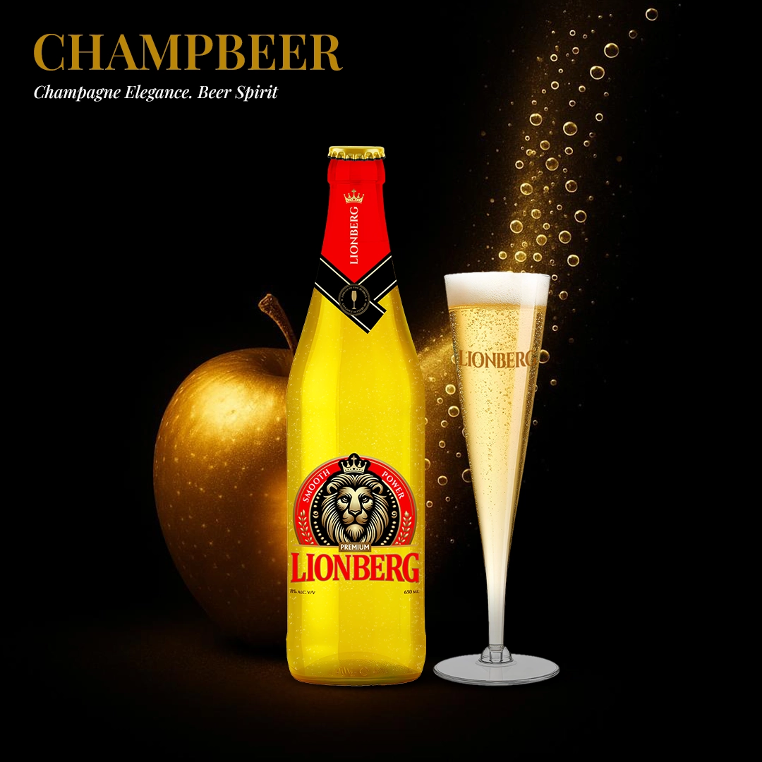 Lionberg Premoum champabeer with bubbles in a flute glass